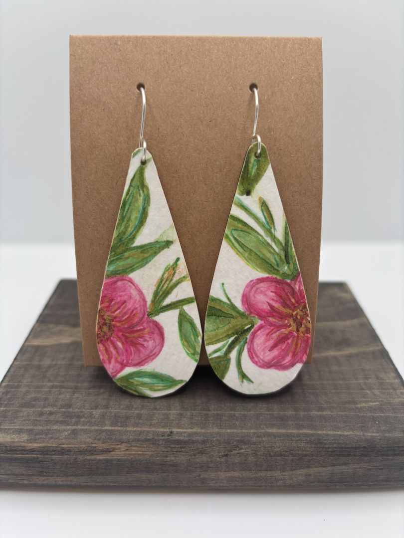 Hand-Painted Watercolor Earrings on Wood, Elongated Teardrop, 2.75"