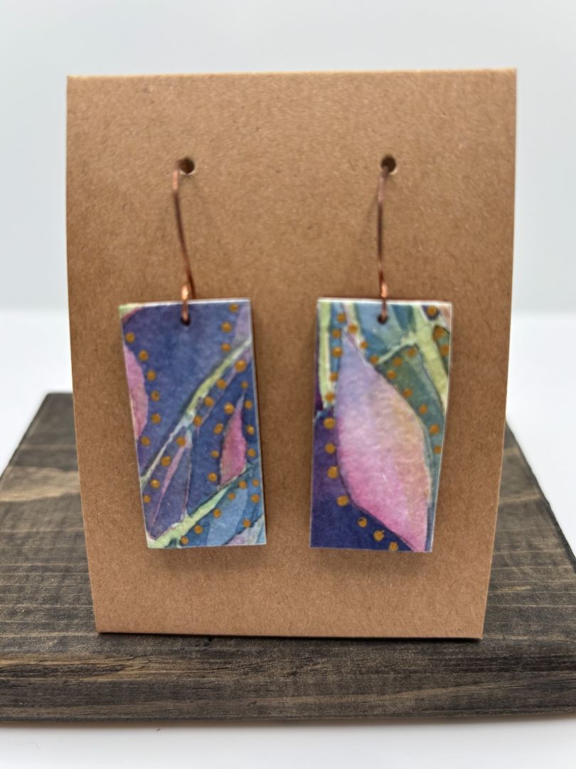 Hand-Painted Watercolor Earrings on Wood, Rectangle, 1.5"