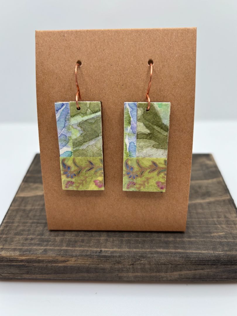 Hand-Painted Watercolor Earrings on Wood, Rectangle, 1.5"