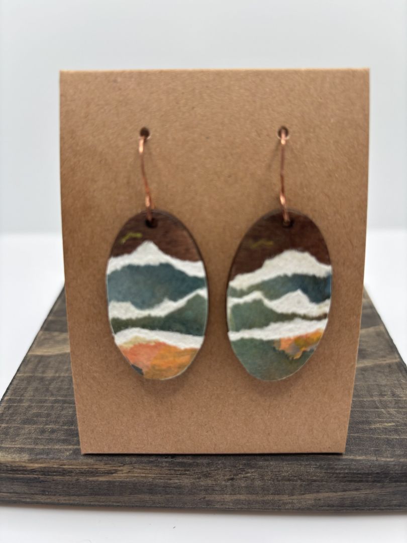 Hand-Painted Watercolor Earrings on Wood, Oval, 1.5"