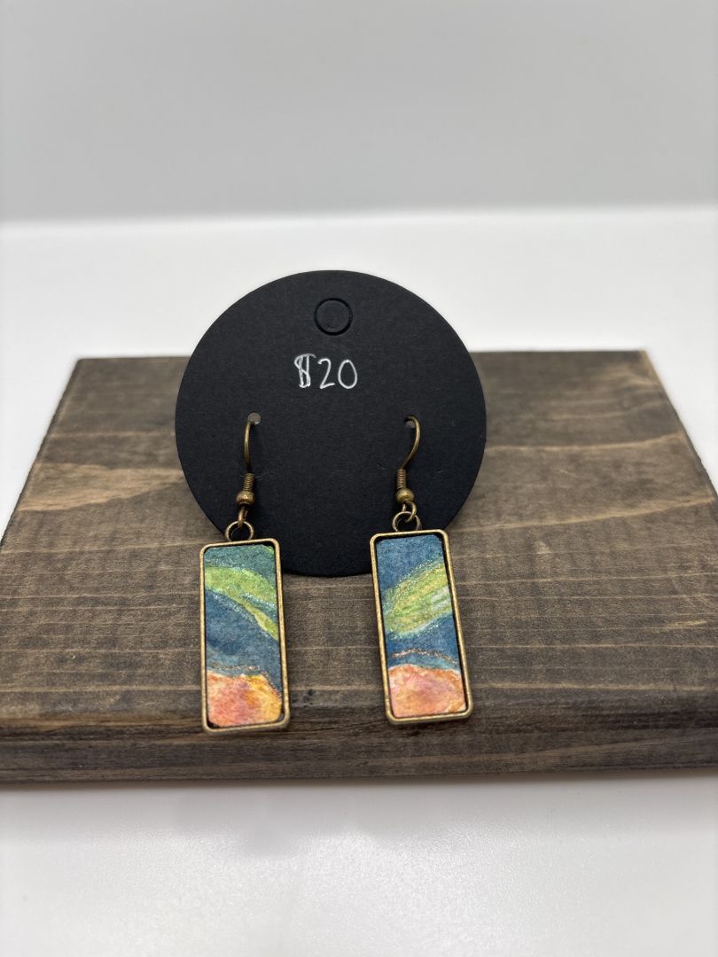 Hand-Painted Watercolor Earrings on Metal Bezel, Rectangle, 1"