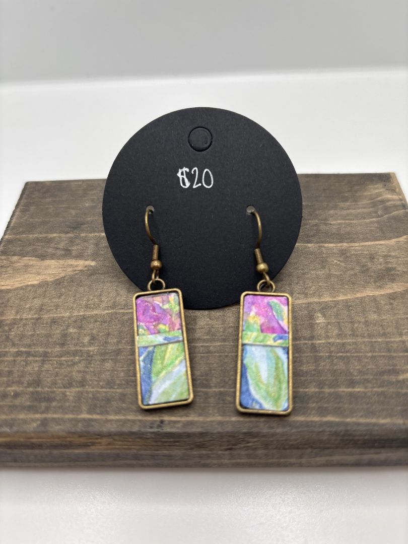 Hand-Painted Watercolor Earrings on Metal Bezel, Rectangle, 1"