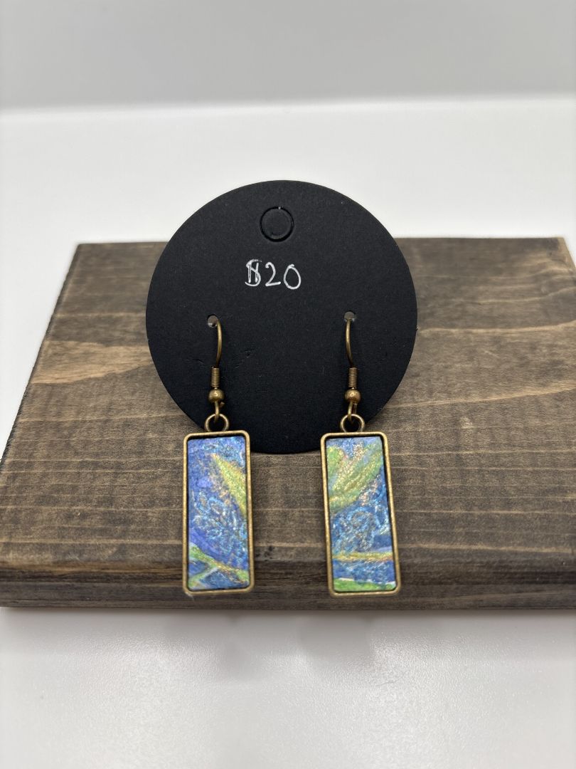Hand-Painted Watercolor Earrings on Metal Bezel, Rectangle, 1"
