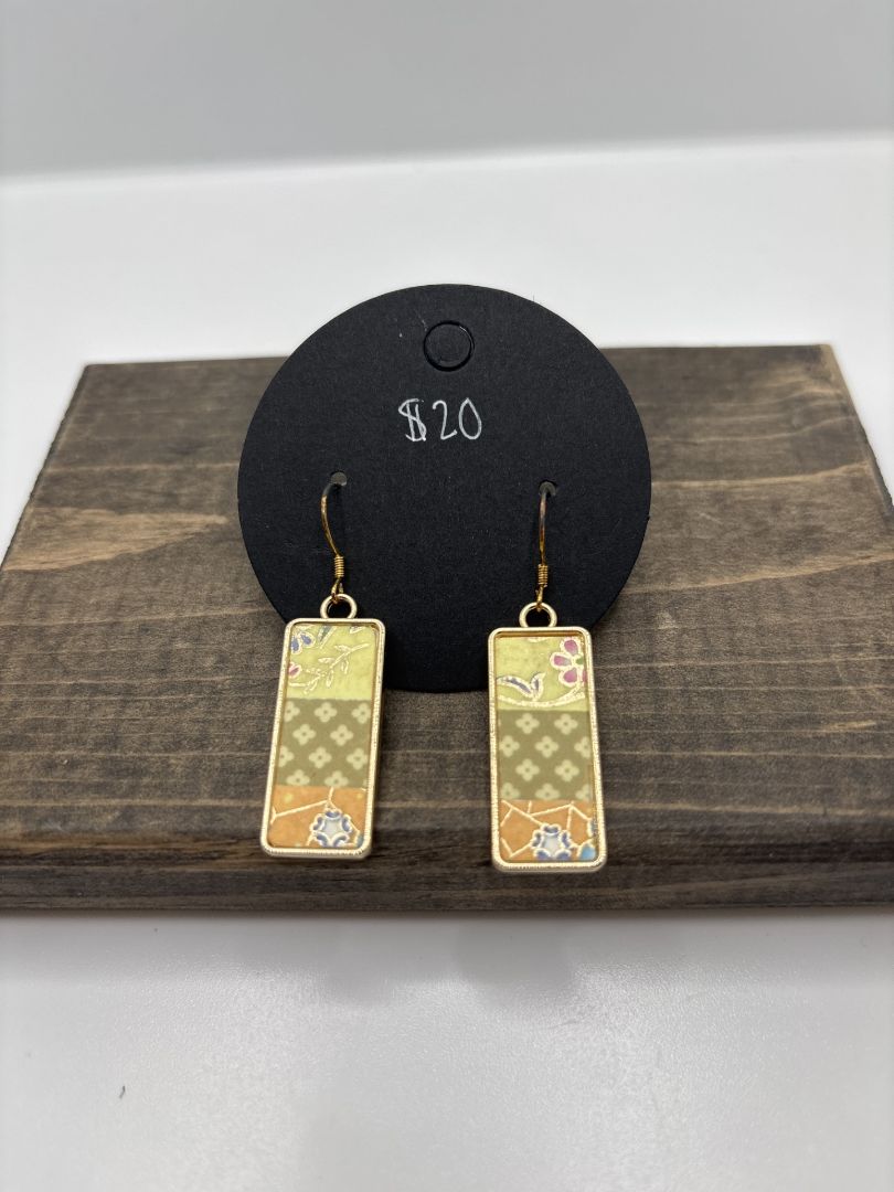 Handmade Washi Earrings on Metal Bezel, Rectangle, 1"