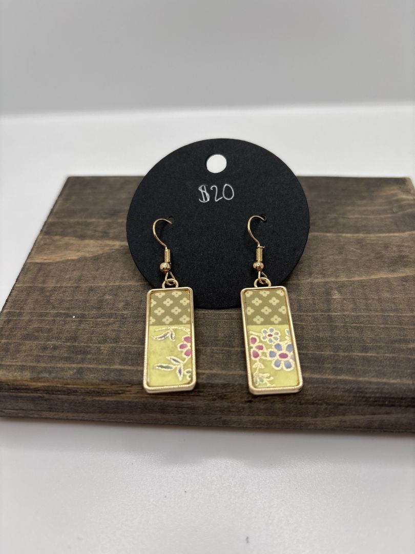 Handmade Watercolor Earrings on Metal Bezel, Rectangle, 1"