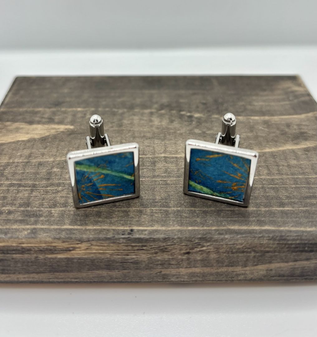 Blue Hand-Painted Watercolor Cufflinks, .75"