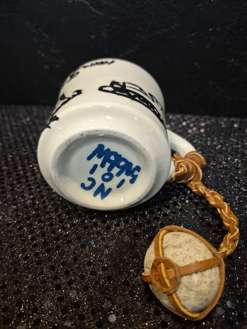 Vintage Cup with Leather Wrapped Stone as weight