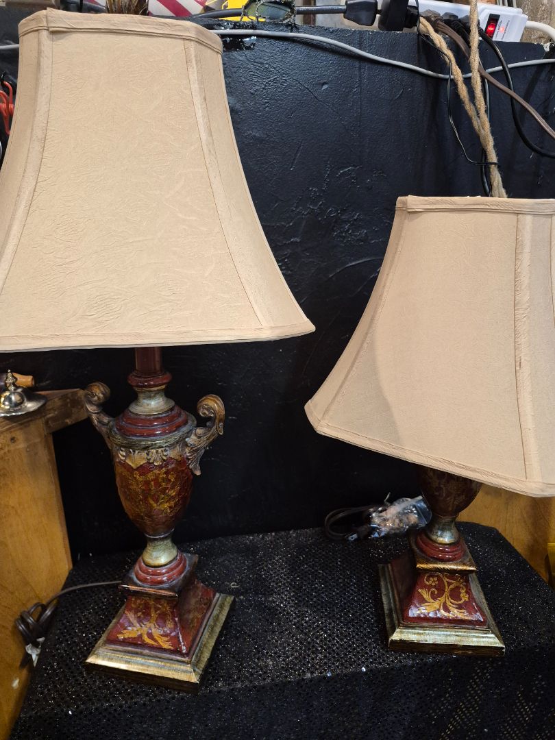 MCM Red and Brass Lamps with Lamp Shades