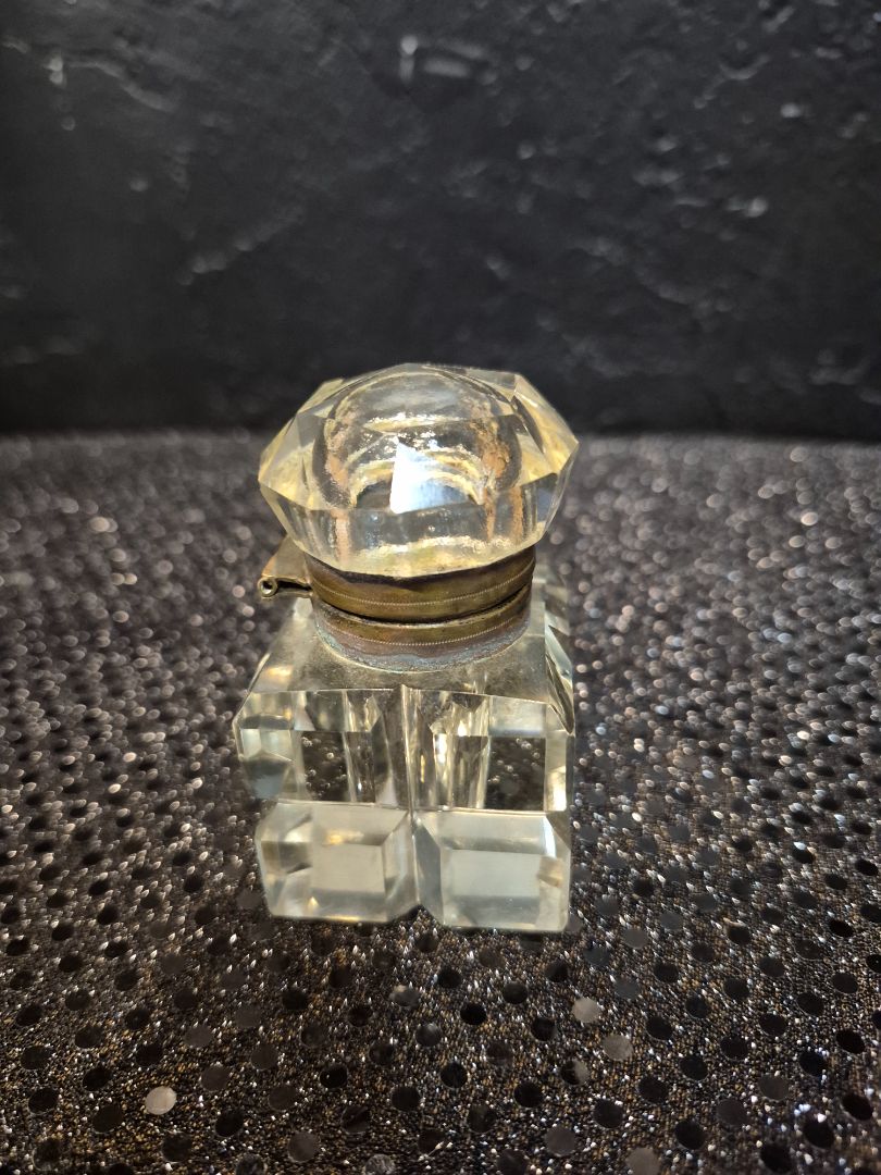 Vintage Cut Glass Inkwell Hinged Lid