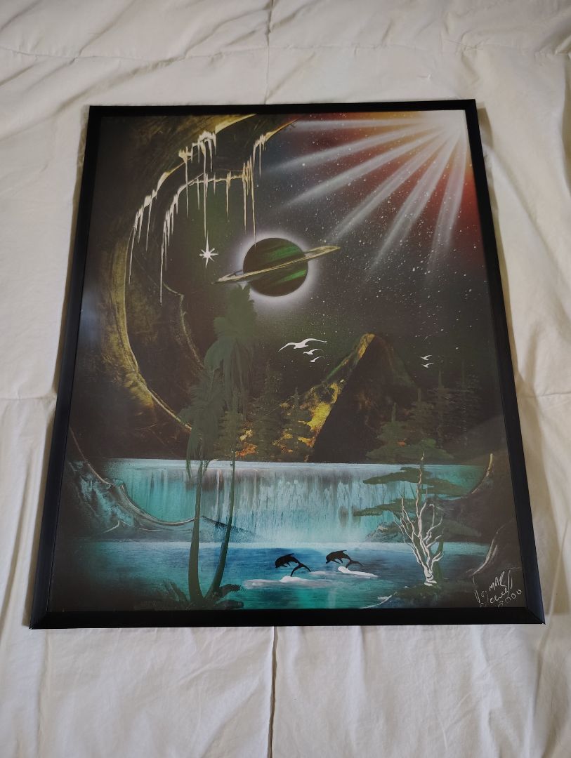 Signed Vintage 2000 Y2K Sci-Fi Space Spray Paint Art Painting