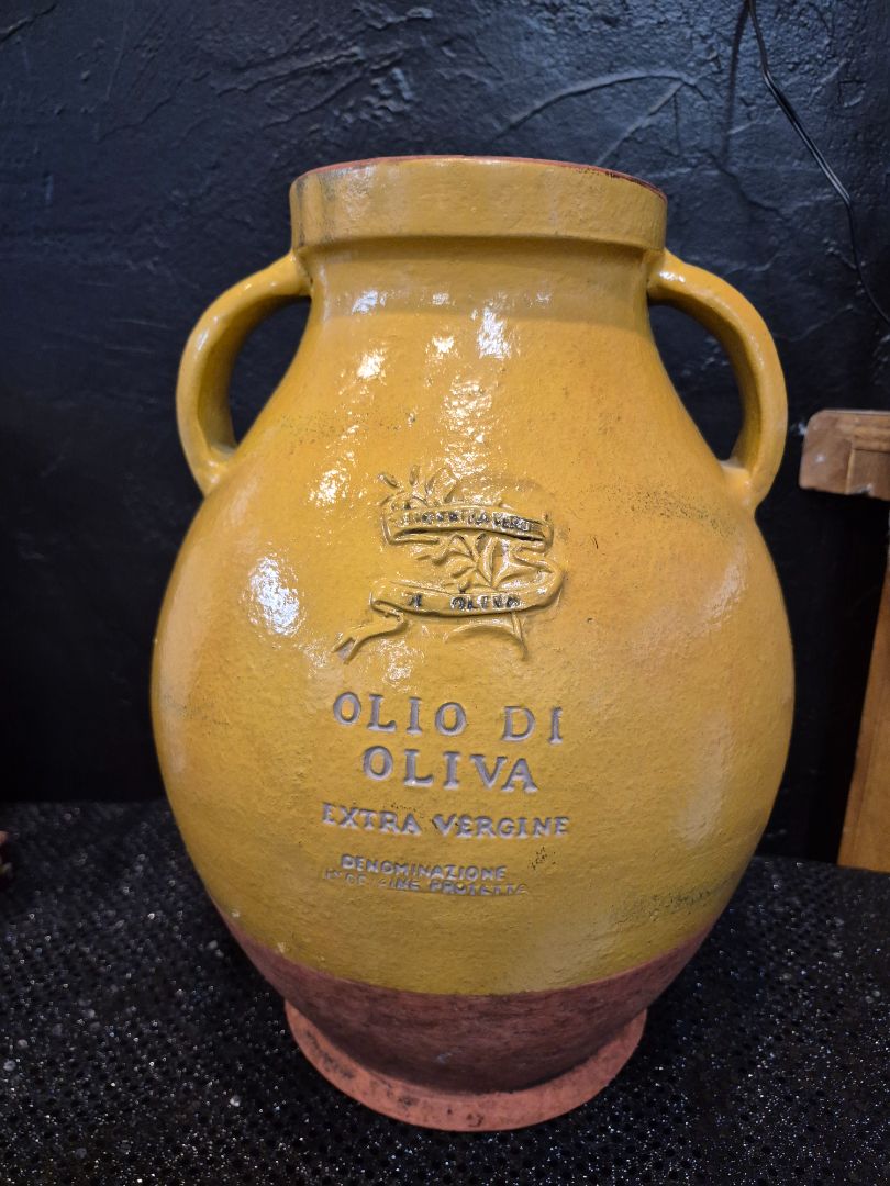 Vintage Italian Olio de Oliva Large Double Handle Yellow Jar