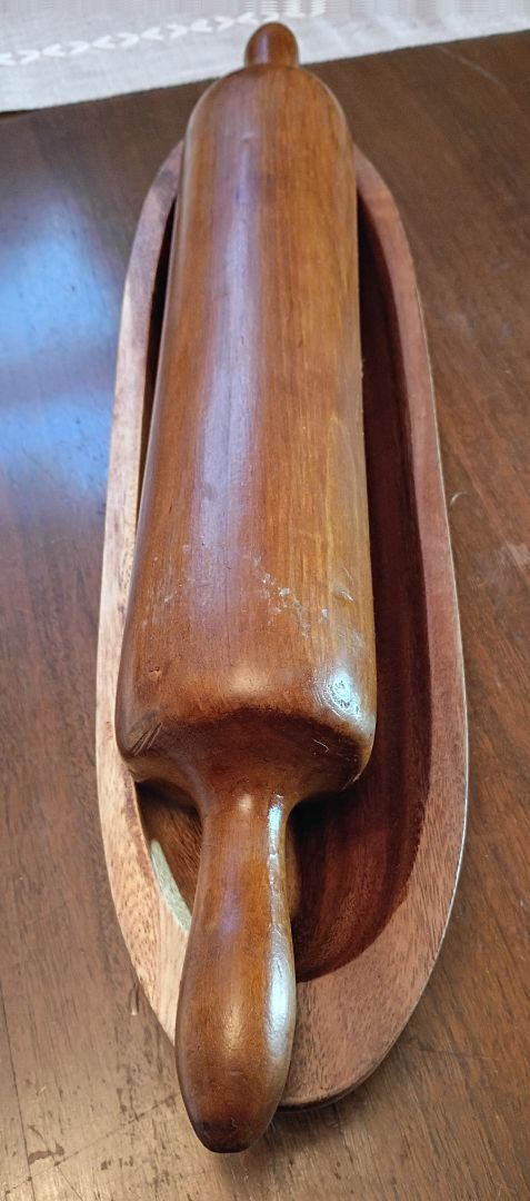 Vintage carved wood bowl, wood rolling pin