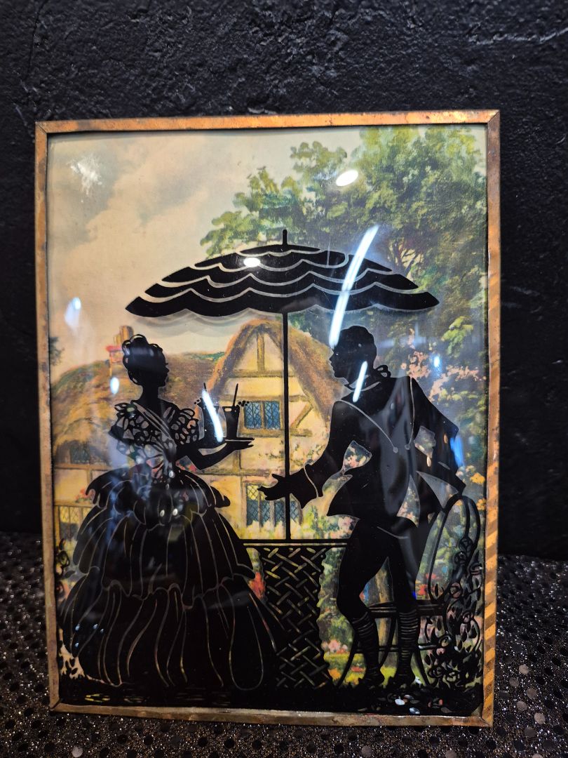 Vintage Reverse Painted Silhouette Couple Under Umbrella