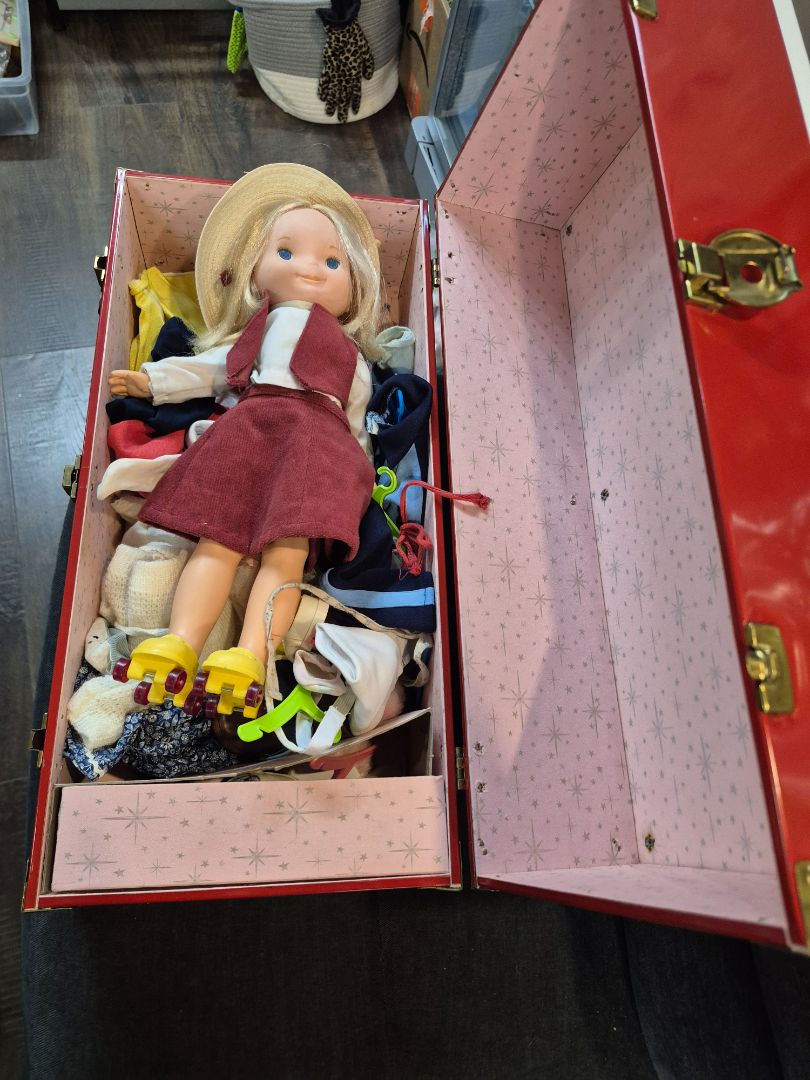 Vintage 1970's Fisher Price "My Friend Mandy Doll' w/ Outfits, Roller Skates and Storage Trunk
