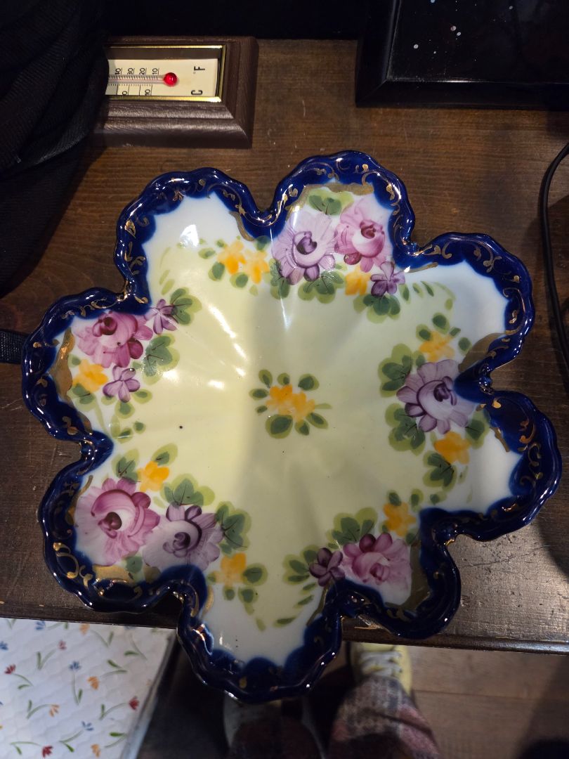 Blue Porcelain Hand Painted Pink Flower Bowl