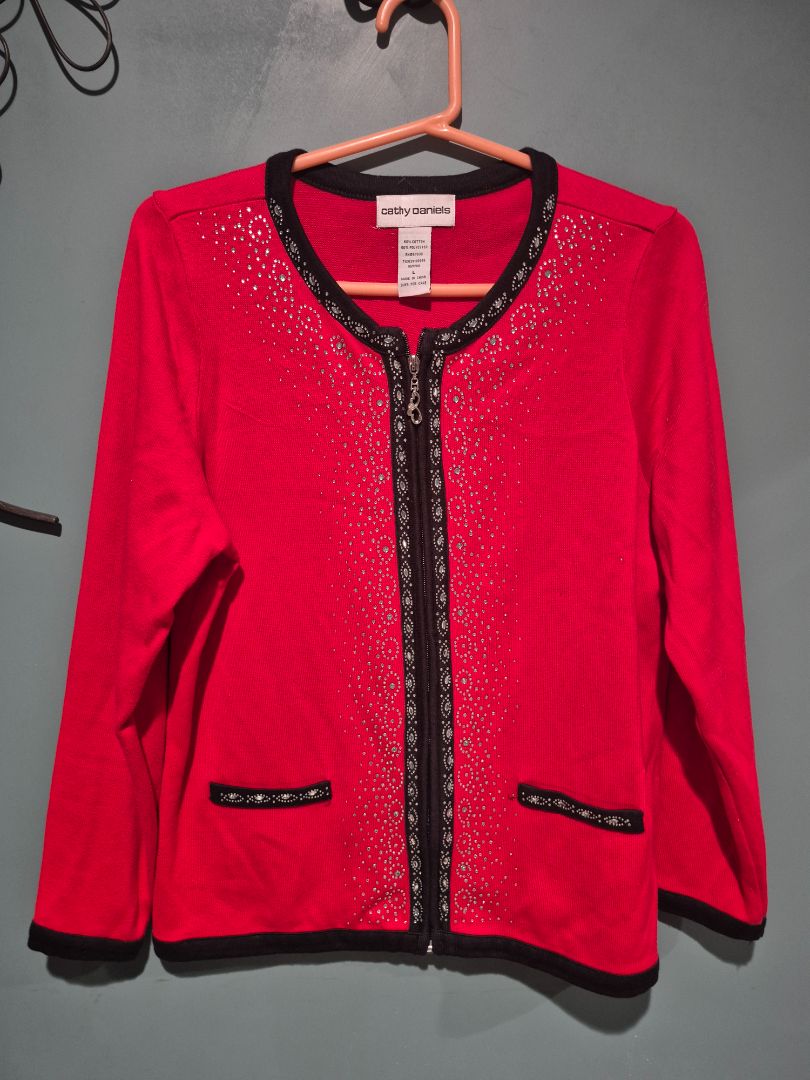Cathy Daniels Red and Black Rhinestone Full Zip Cardigan