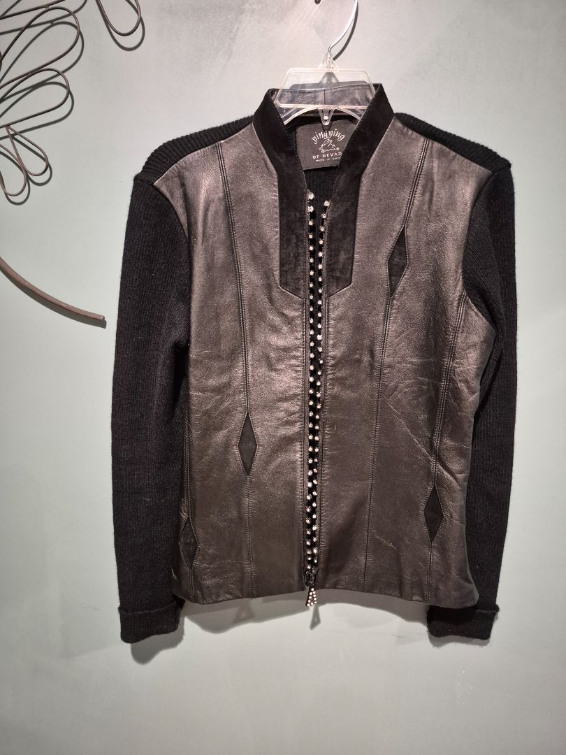 Genuine Leather Ying Ying of Nevada Black Rhinestone Zip Sweater