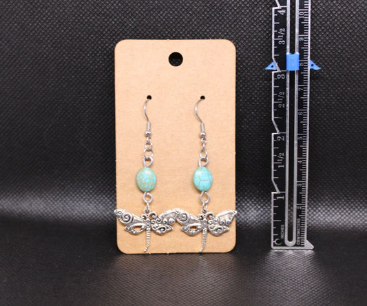 Designs by Raven Turquoise Bead Dragonfly Earrings with Stainless Steel Hooks