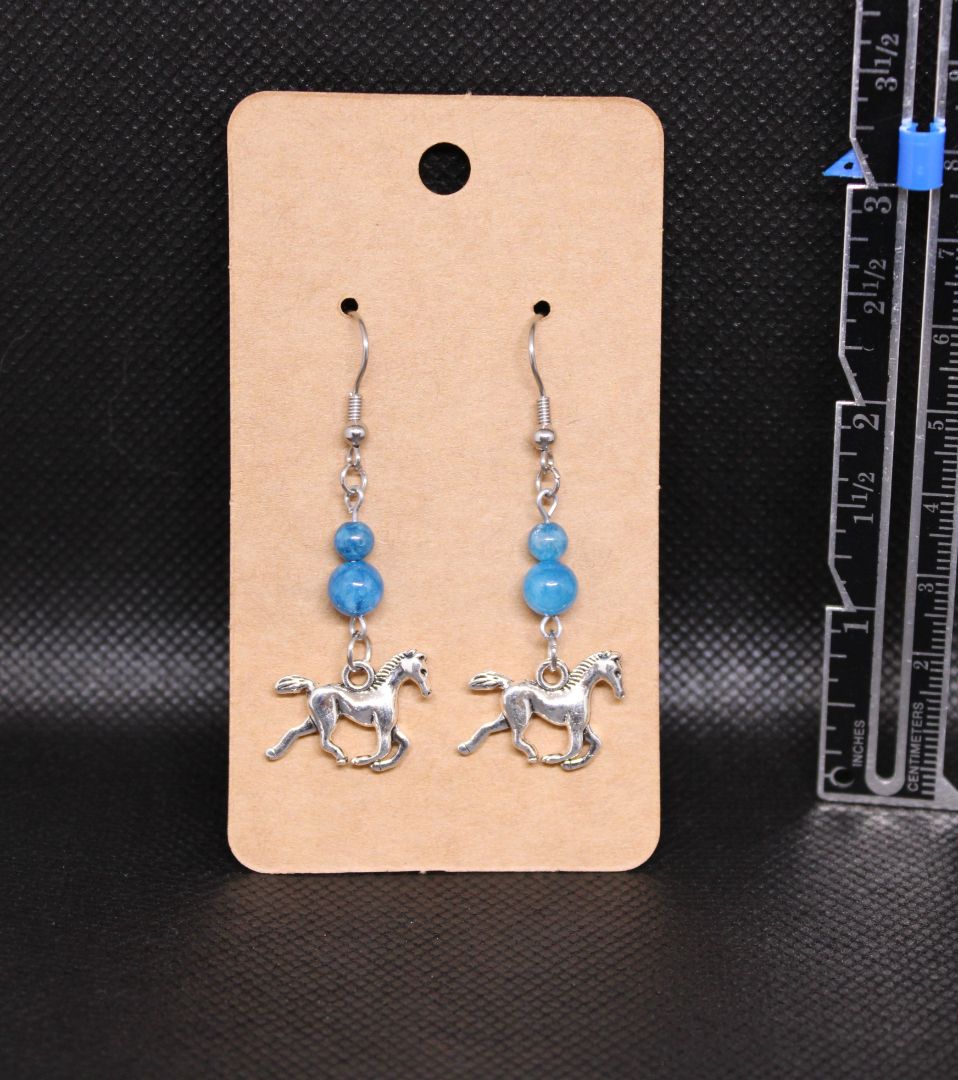 Designs by Raven Silver Mustang Earrings with Blue Beads and Stainless Steel Hooks
