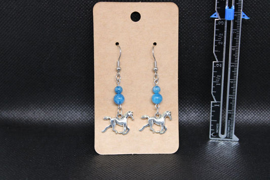 Designs by Raven Silver Mustang Earrings with Blue Beads and Stainless Steel Hooks