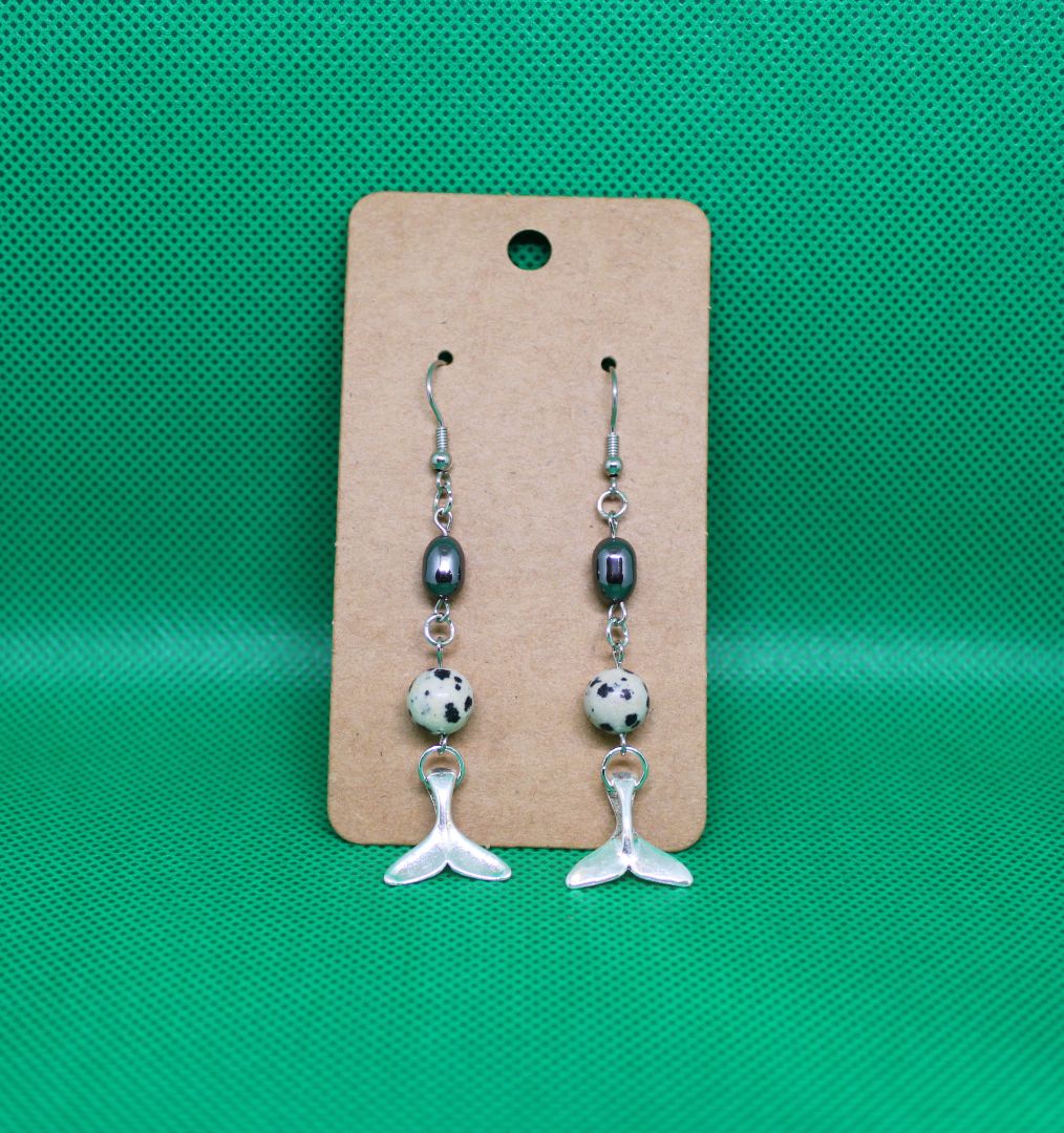 Designs by Raven Whale Tail Earrings with Dalmatian Jasper and Stainless Steel Hooks