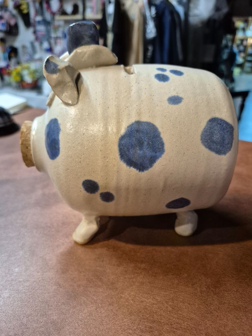 White w/Blue Spots Stoneware Piggy Bank, 5.5" × 6" × 6"