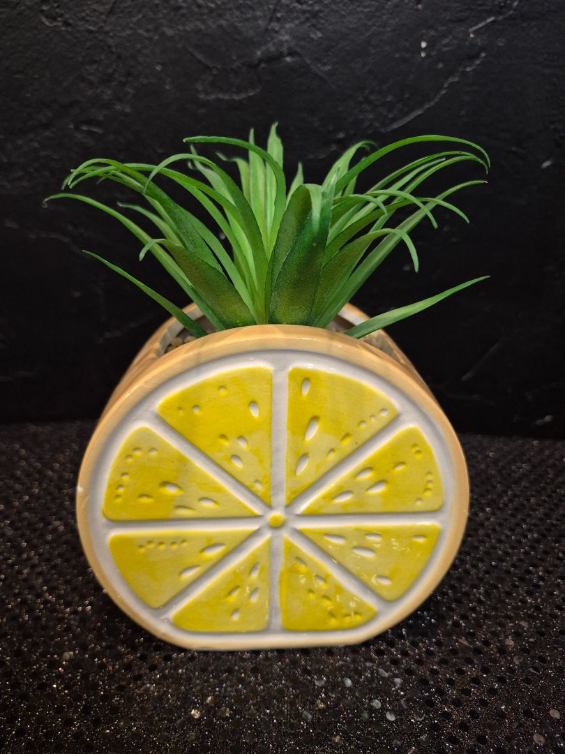 Lemon Ceramic Bowl with Faux Plant