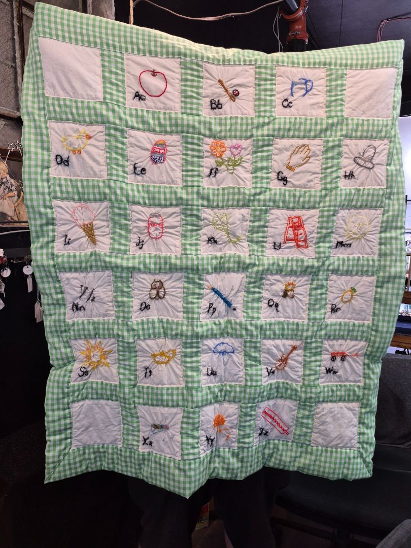 Vintage Hand Made Baby Quilt Green Gingham