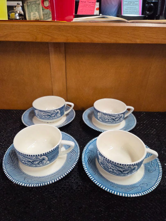 Vintage Royal Currier and Ives Old grist Cup/Saucers set of 4