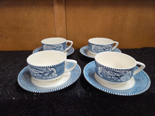 Vintage Royal Currier and Ives Old grist Cup/Saucers set of 4