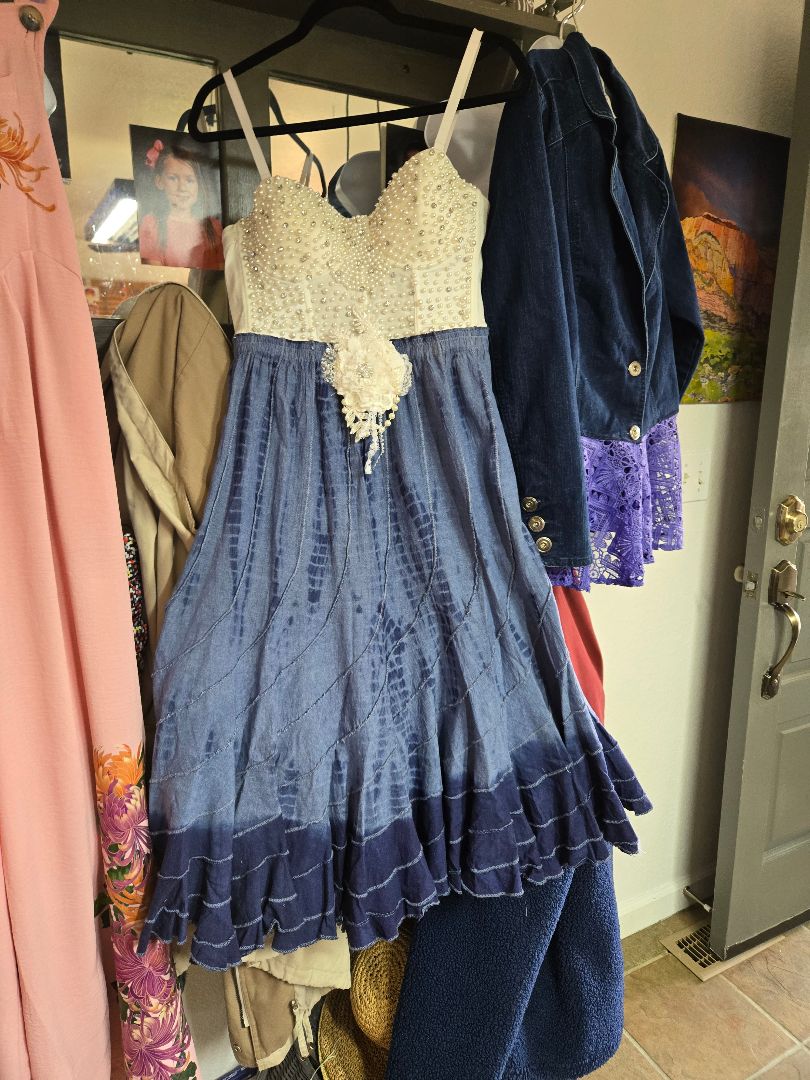 Denim Swirl Dress w Beaded Bodice