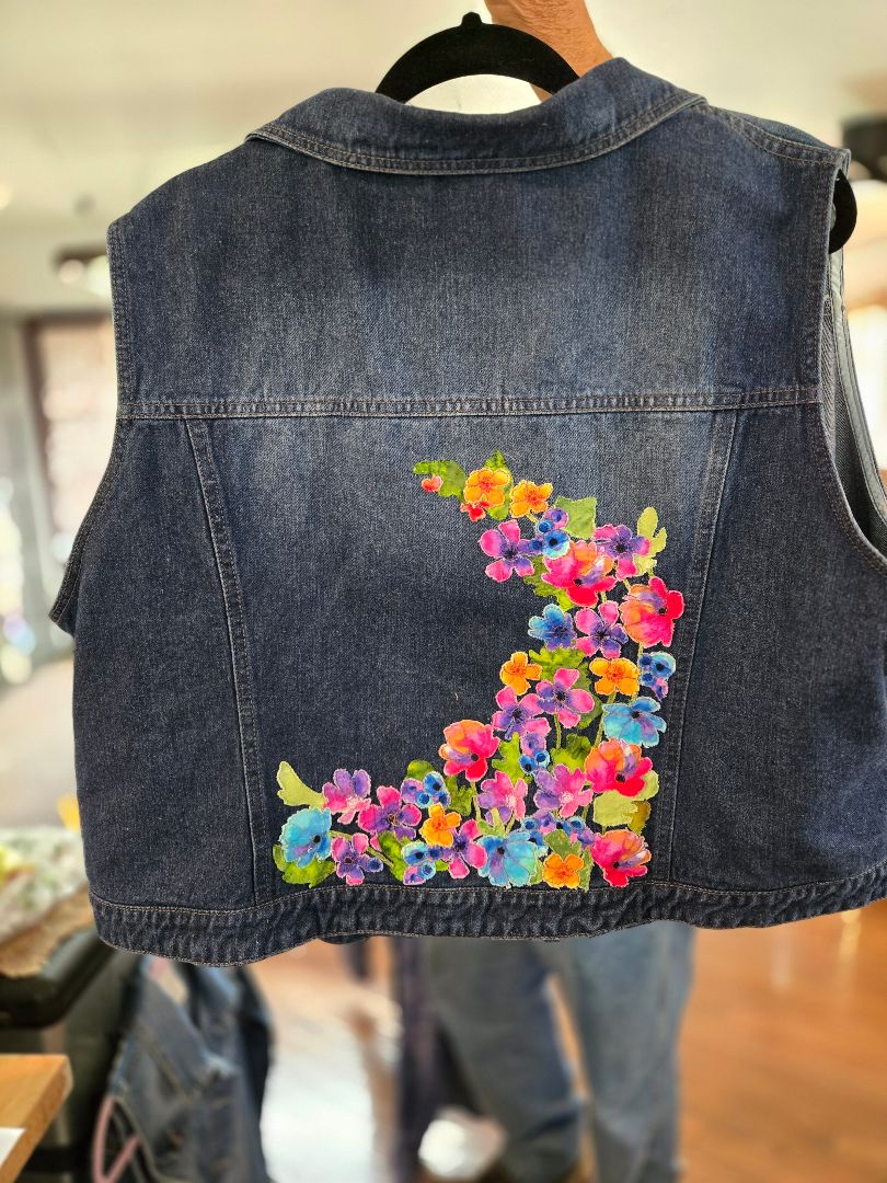 denim Vest- Watercolor Flowers