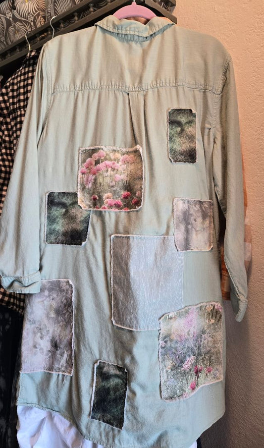 Shirt oversized sage patchwork, 2XL