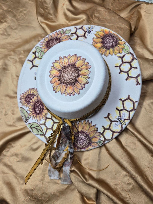 Hat burnt and painted bees and sunflowers