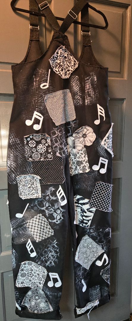 Overalls black and white painted and appliques, XL