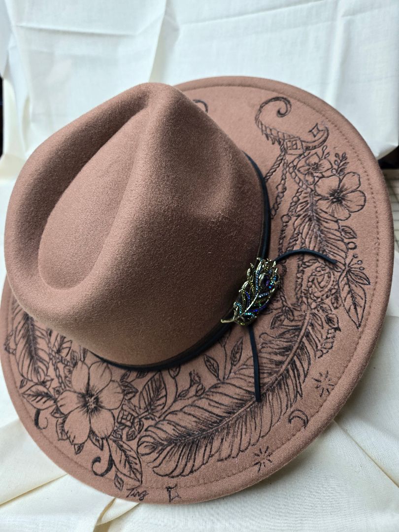 Hat faux suede tan burnt feathers and ropes