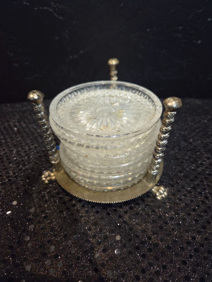 Vintage FB Rogers Crystal Coasters and Silver plated holder set