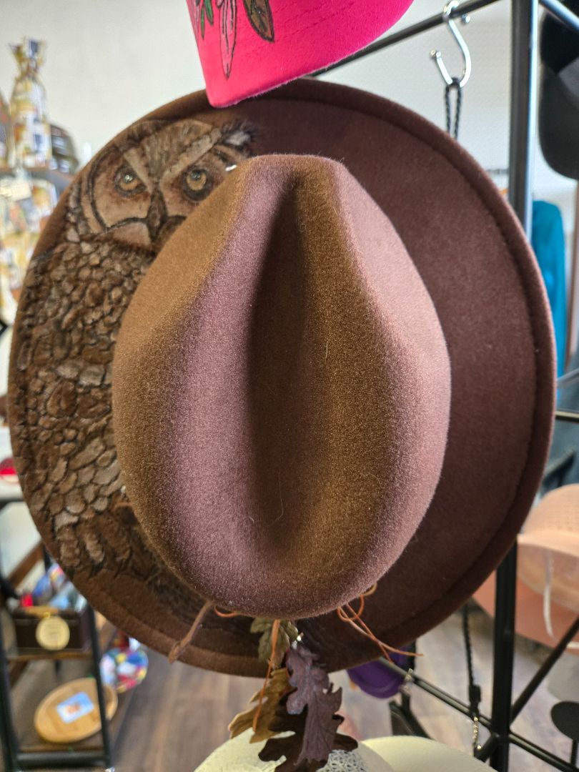 Hat w owl and leather leaves