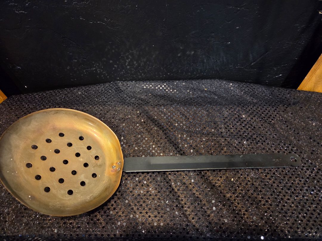 Vintage Copper Strainer Spoon with long Wrought iron style handle