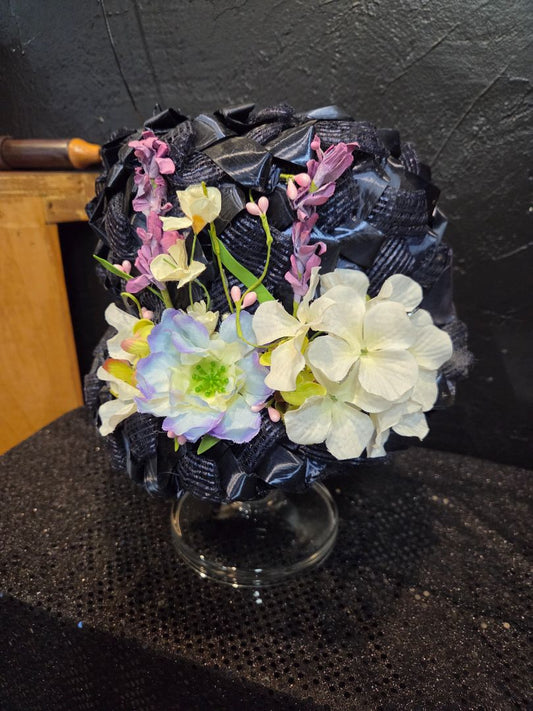 Navy Blue Ribbon Weaved with rhinestone hatband and silk flowers