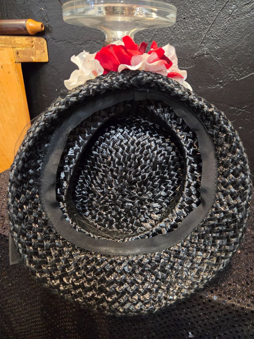 Black Ribbon weaved with red and white silk flowers Hat