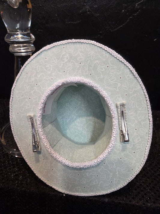 Light Green hat with white bunnies and white trim Top Hat with clips