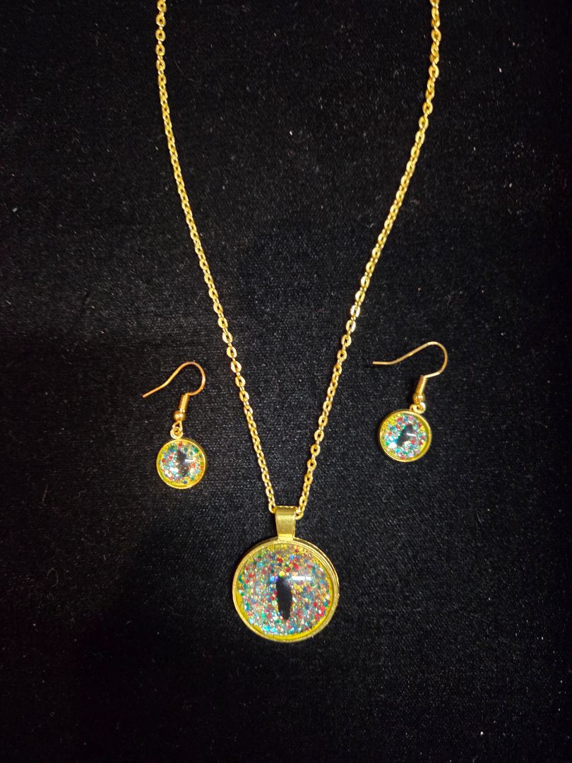 Hand painted Glass Cabochon Confetti Necklace and Earring Set