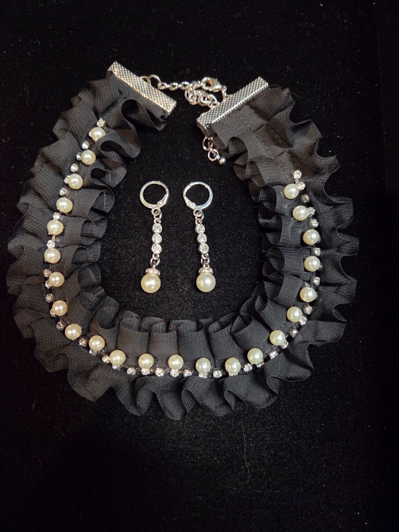 Rhinestones and Faux Pearl Necklace and Earrings black lace trim