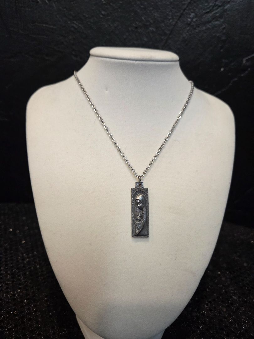 Religious Pewter Mother Mary and baby necklace