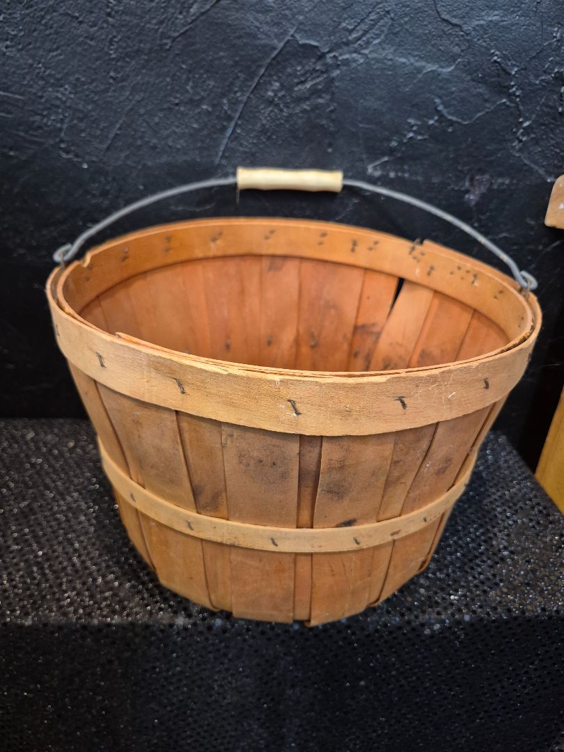 Vintage Wood Slat Bushel Basket with Handle
