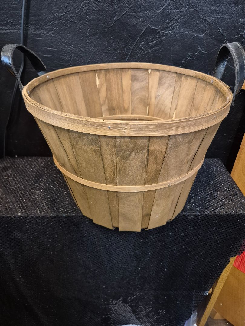 Wood Bushel Basket with Faux Leather Handles