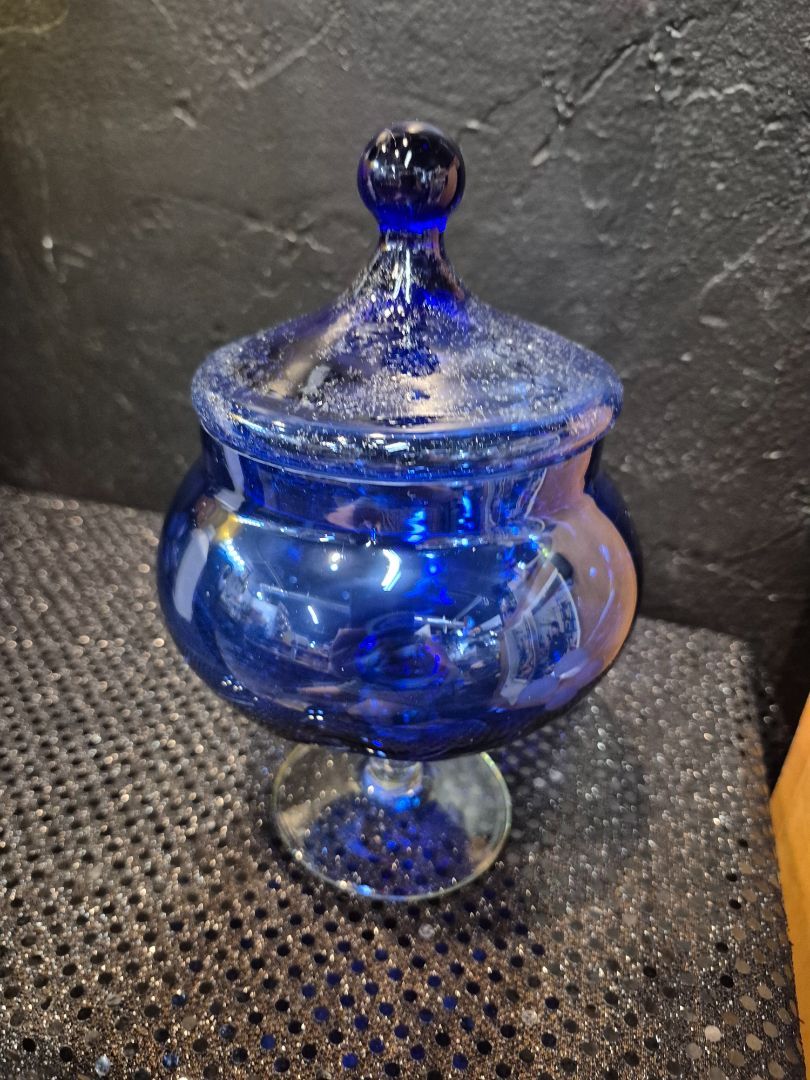 Vintage Blue Etched Blown Glass Covered Pedestal
