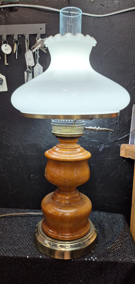 Vintage 24" Wood and Brass Table Lamp Milk Glass Shade