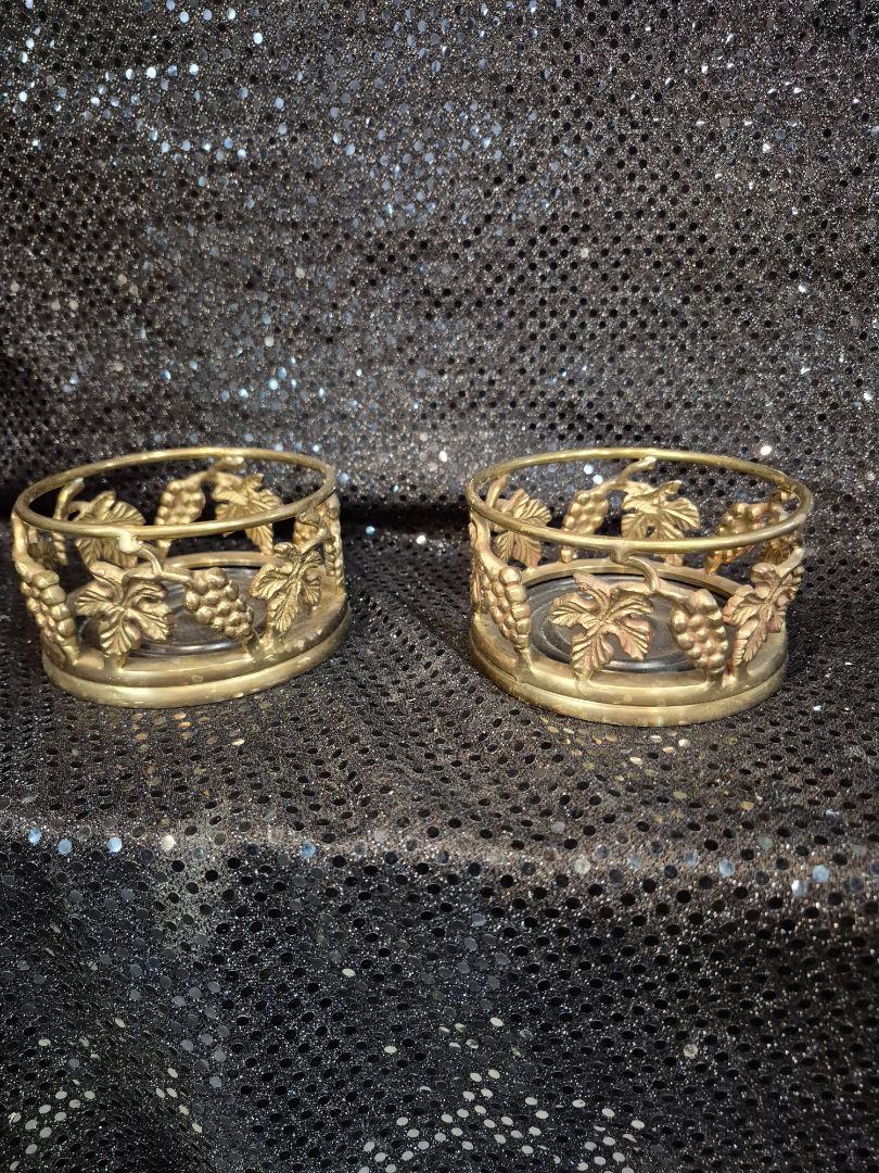 Set of 2 Brass Wine Bottle Coasters Vineyard Grapevine Design